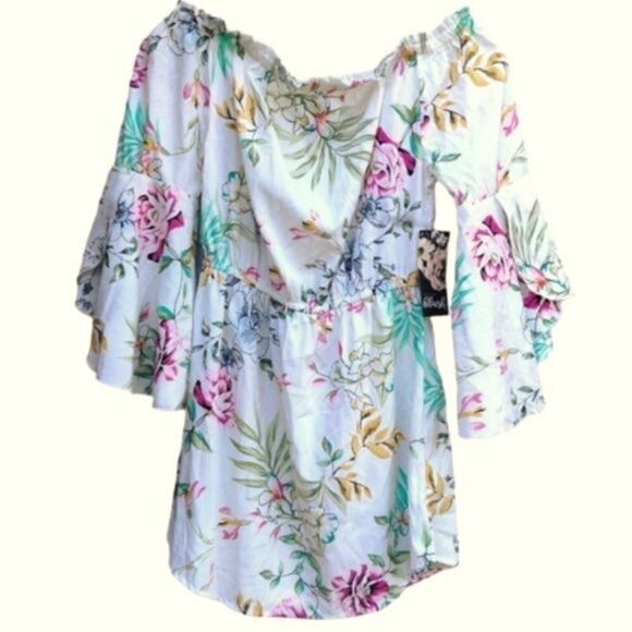 Hint of Blush Top White Floral Size S Flounce Sleeves Elastic Waist NWT - Picture 1 of 8
